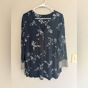 J.Jill Weaver Collection Floral Top Womens SZ XL Navy Long Sleeve V Neck Mature